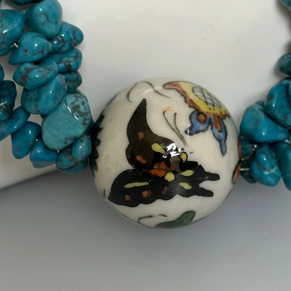 Turquoise and Cream  Coral ceramic boll Beaded Necklace